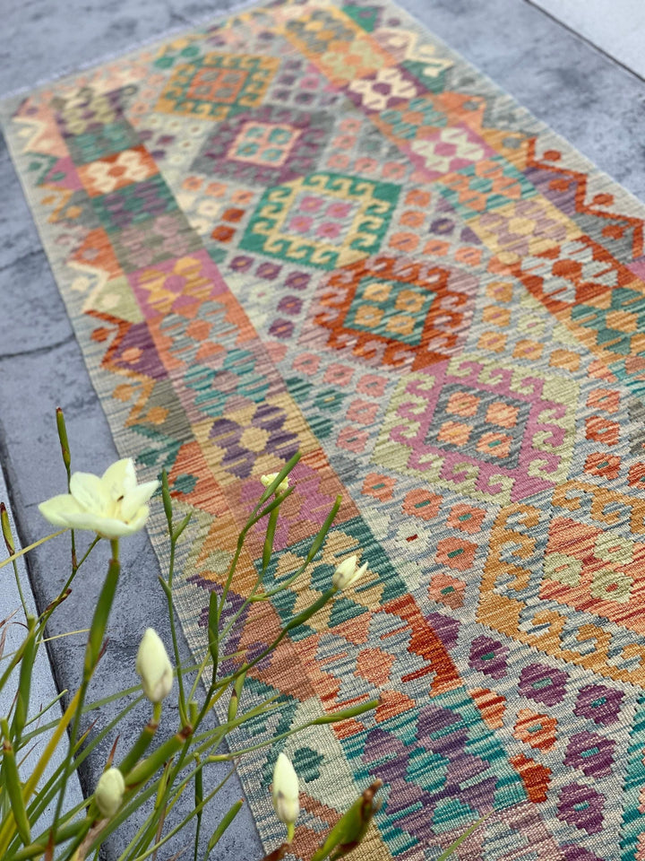 3x10 (90x305) Handmade Afghan Kilim Rug Runner | Moss Green Pink Orange Purple Ivory Cream Mustard | Bohemian Boho Oriental Flatweave Jute