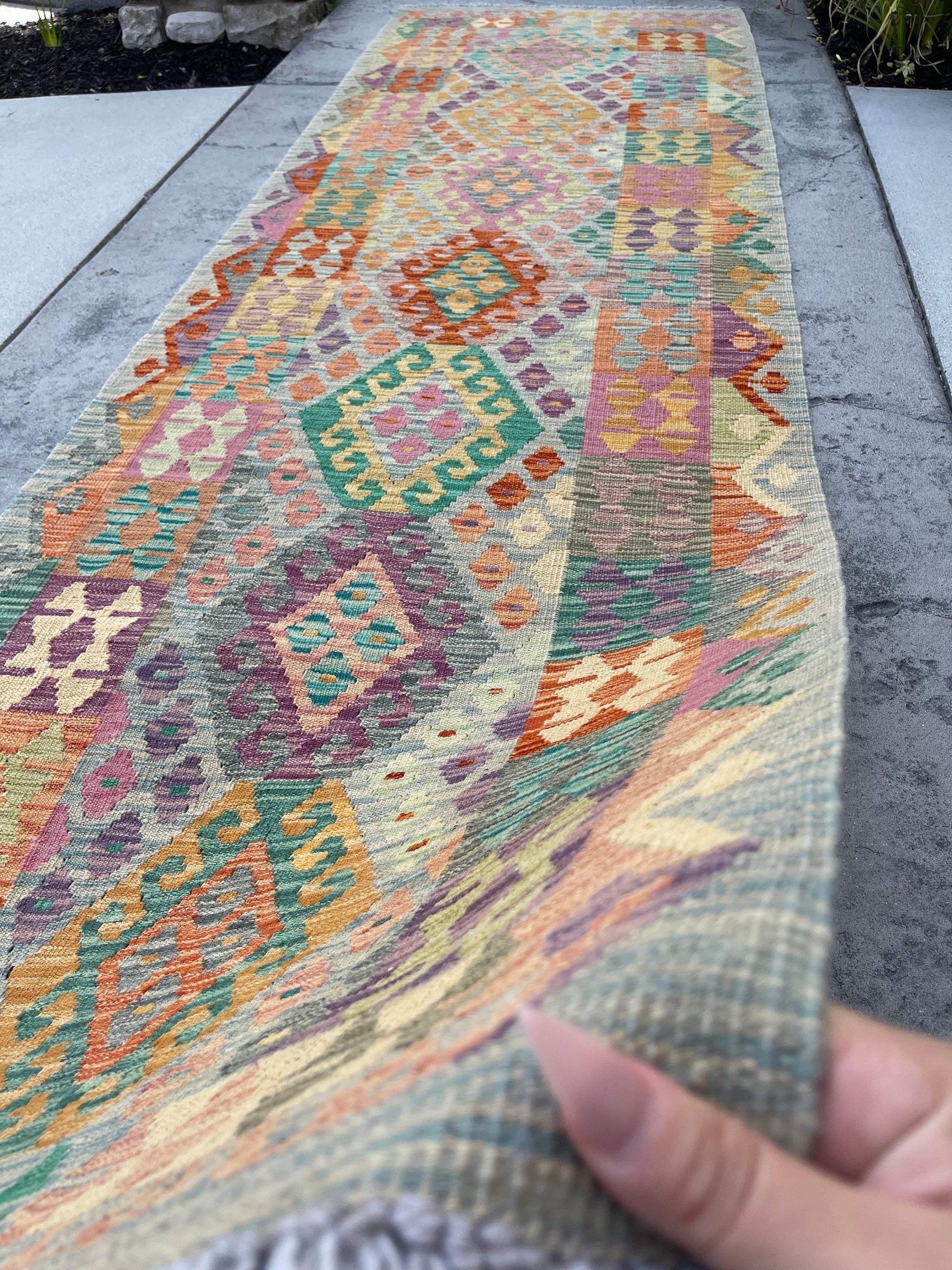 3x10 (90x305) Handmade Afghan Kilim Rug Runner | Moss Green Pink Orange Purple Ivory Cream Mustard | Bohemian Boho Oriental Flatweave Jute