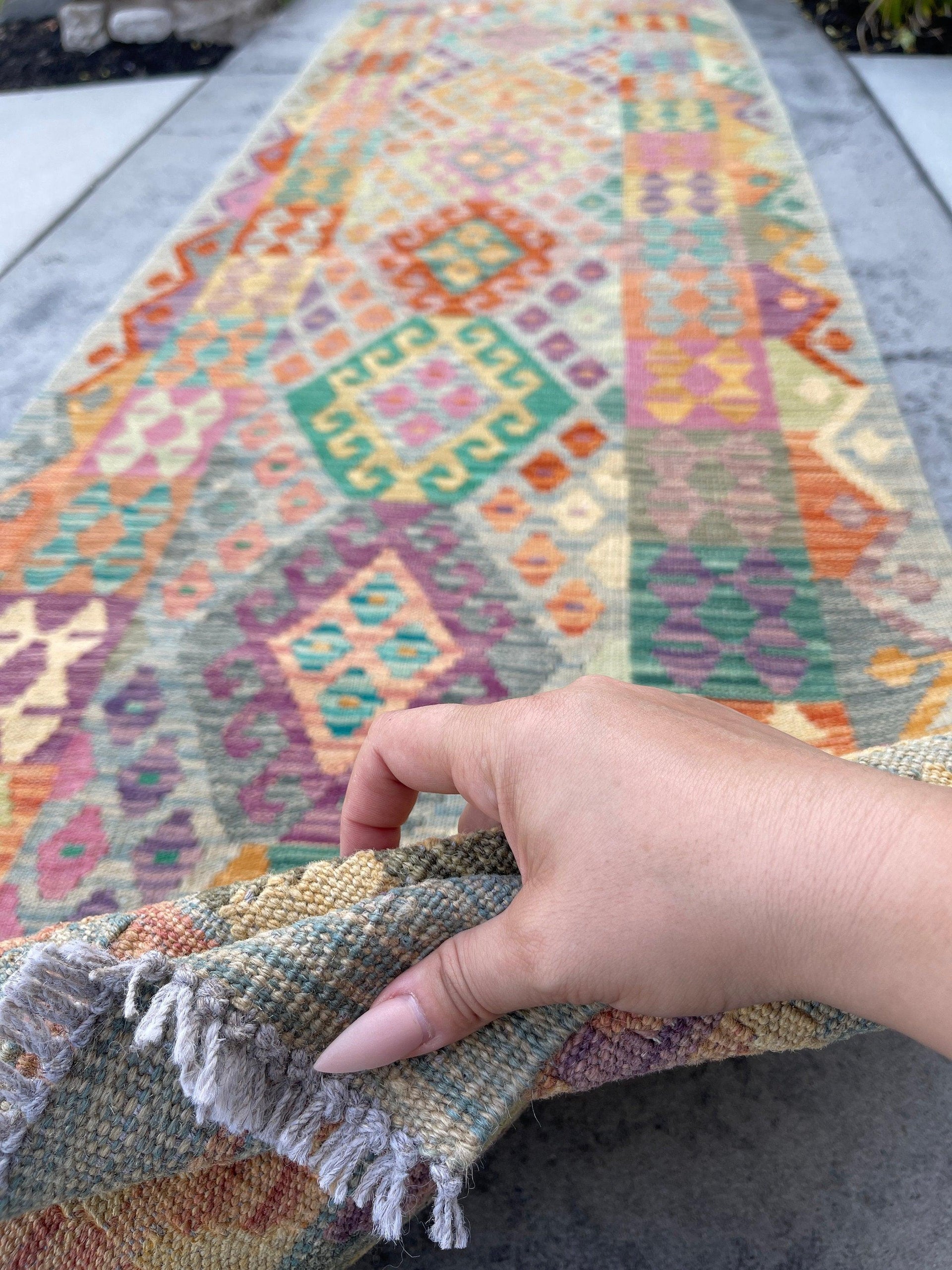 3x10 (90x305) Handmade Afghan Kilim Rug Runner | Moss Green Pink Orange Purple Ivory Cream Mustard | Bohemian Boho Oriental Flatweave Jute