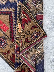 3x5 (90x150) Handmade Vintage Afghan Rug | Indigo Navy Blue Coffee Brown Red | Nomadic Baluch Boho Bohemian Tribal Turkish Moroccan Wool