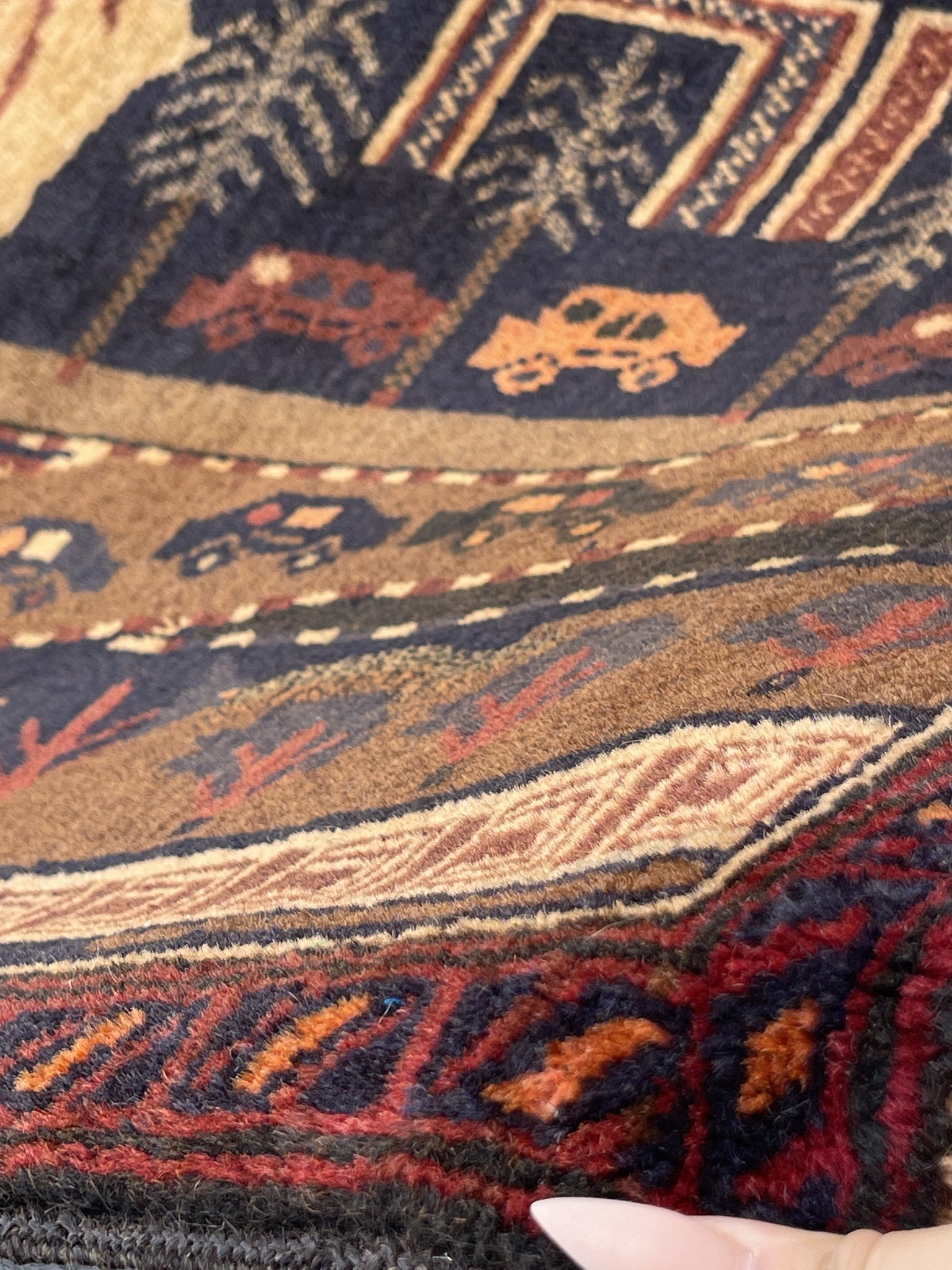 3x5 (90x150) Handmade Vintage Afghan Pictorial Rug | Indigo Tan Brown Red orange | Nomadic Baluch Boho Bohemian Tribal Turkish Moroccan Wool
