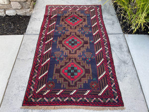 3x5 (90x150) Handmade Vintage Afghan Rug | Indigo Red Brown White Turquoise | Nomadic Baluch Boho Bohemian Tribal Turkish Moroccan Wool
