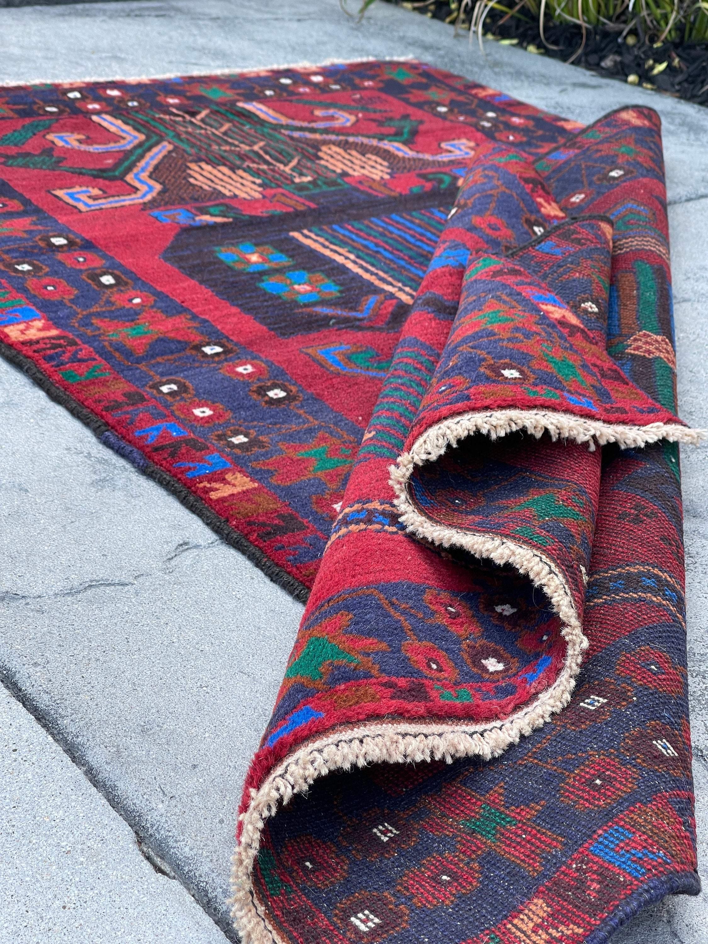 3x5 (90x150) Handmade Vintage Afghan Rug | Navy Royal Blue Red Brown Orange Green| Nomadic Baluch Boho Bohemian Tribal Turkish Moroccan Wool