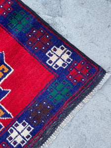 3x5 (90x150) Handmade Vintage Afghan Rug | Navy Blue Red Orange Green| Nomadic Baluch Boho Bohemian Tribal Turkish Moroccan Wool