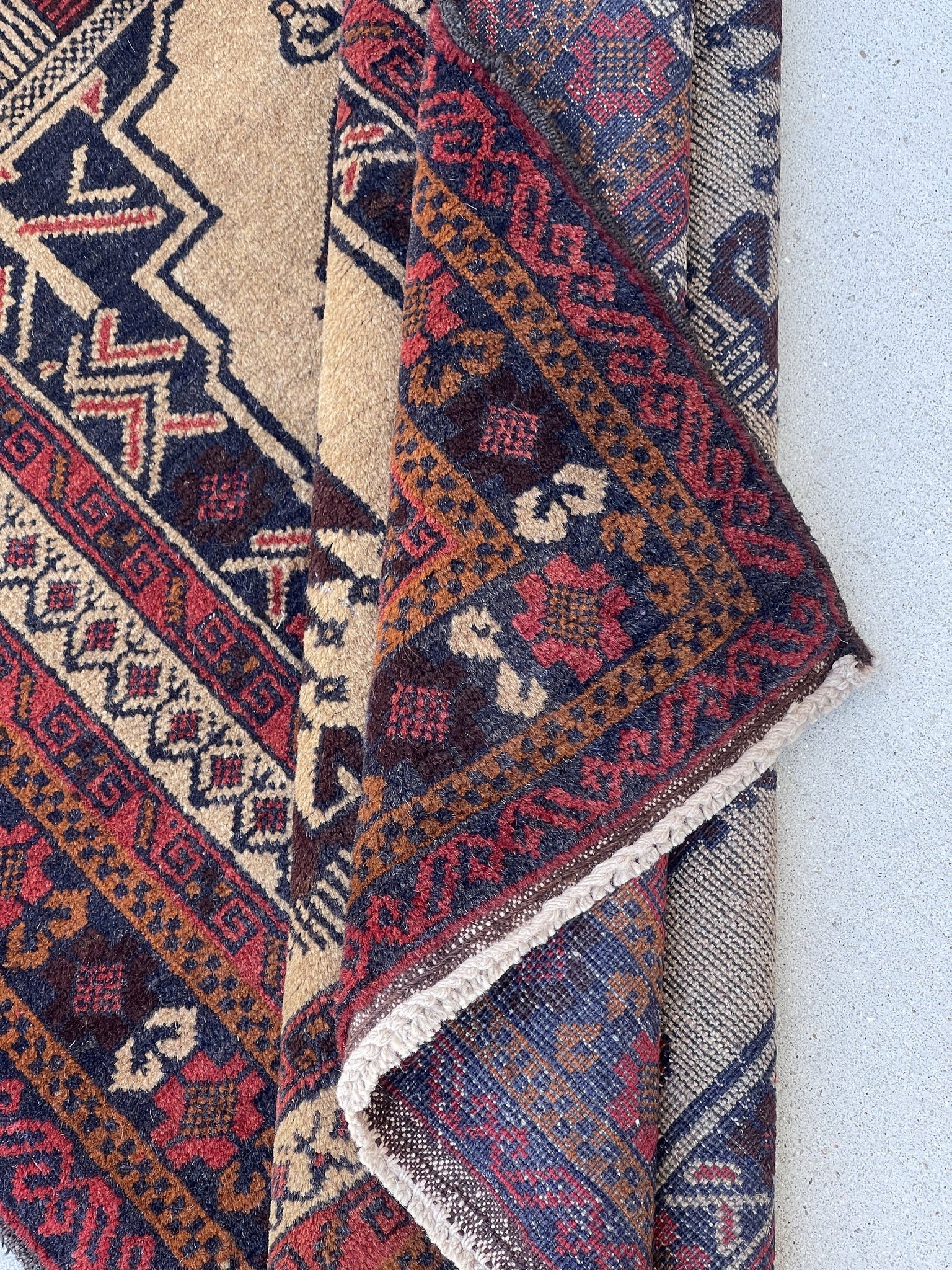 3x5 (90x150) Handmade Vintage Afghan Rug | Red Mocha Peanut Brown Beige Tan | Nomadic Baluch Boho Bohemian Tribal Turkish Moroccan Wool