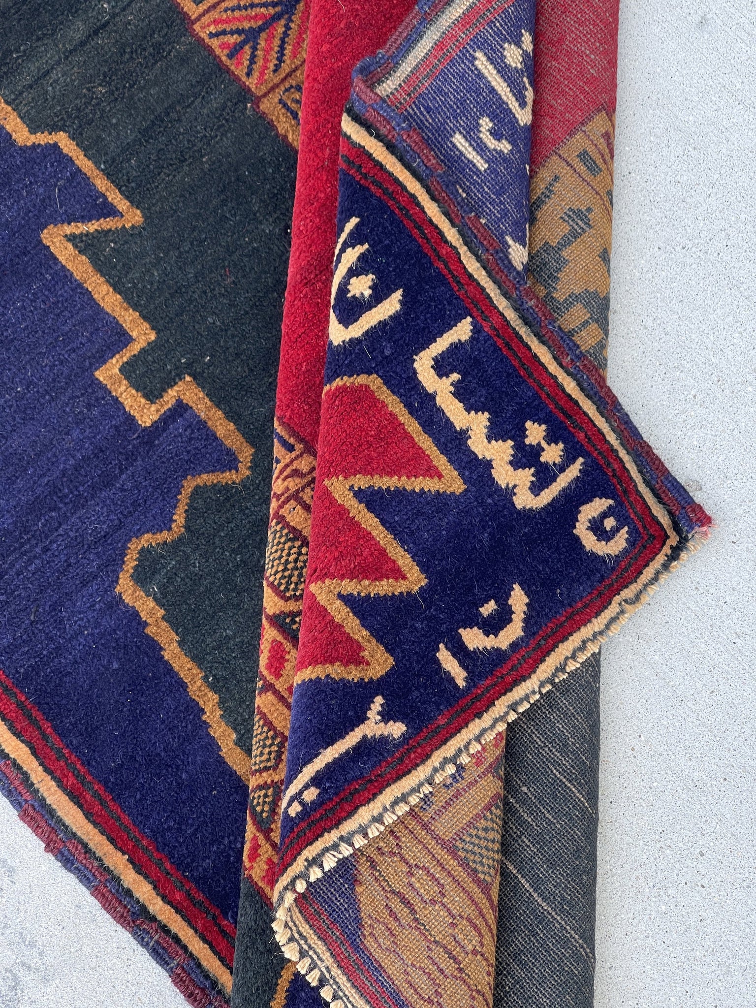 3x5 (90x150) Handmade Vintage Afghan Rug | Navy Blue Green Orange Red | Nomadic Baluch Boho Bohemian Tribal Turkish Moroccan Wool