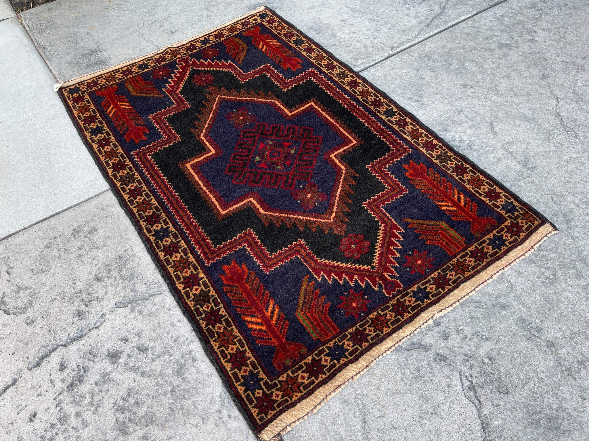 3x5 (90x150) Handmade Afghan Kilim Rug | Red Navy Blue Gold Black | Flatweave Boho Tribal Turkish Moroccan Oriental Wool Outdoor