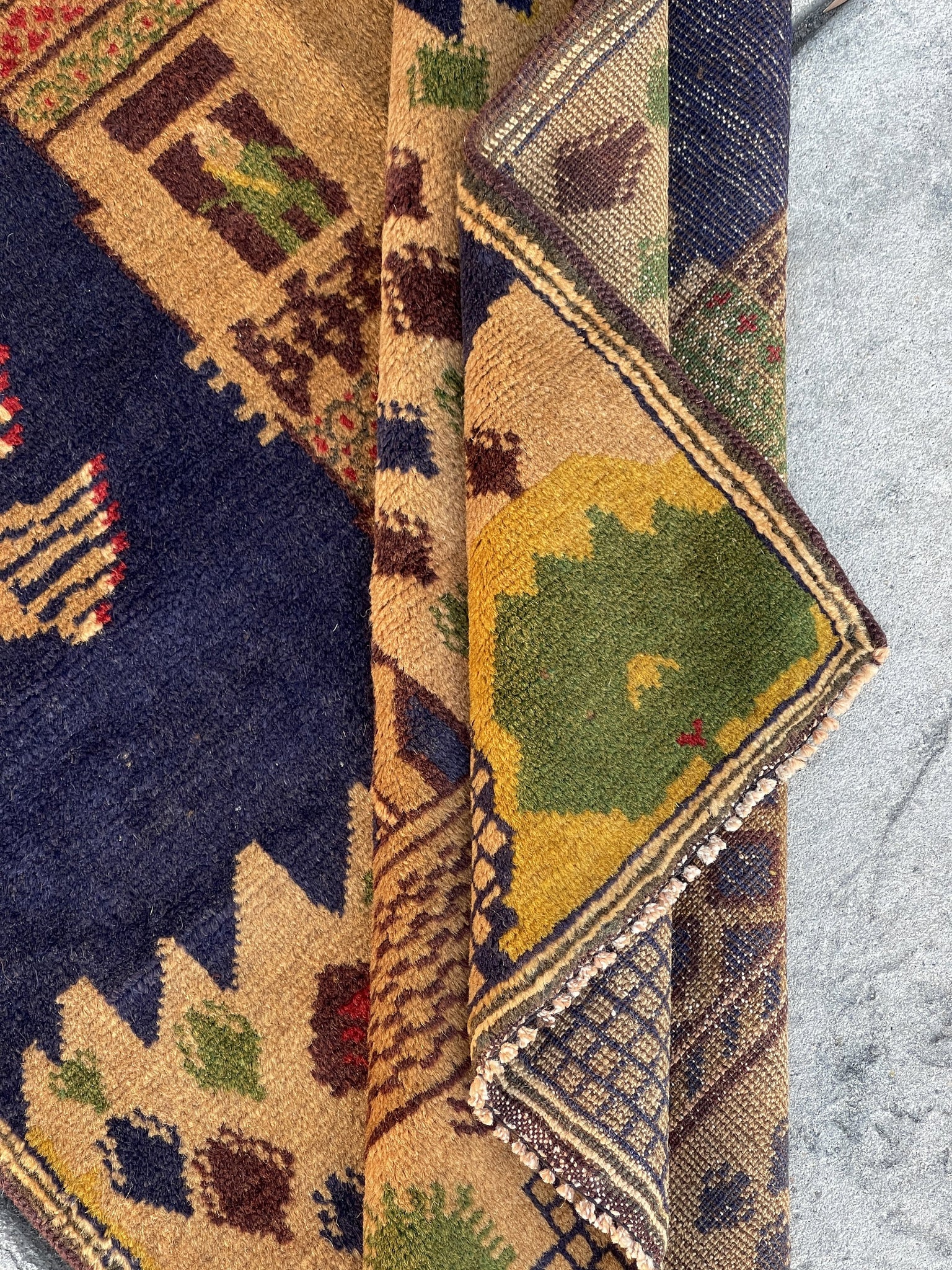 3x5 (90x150) Handmade Vintage Afghan Pictorial Rug | Navy Blue Gold Red Tan Green| Nomadic Baluch Boho Bohemian Tribal Turkish Moroccan Wool
