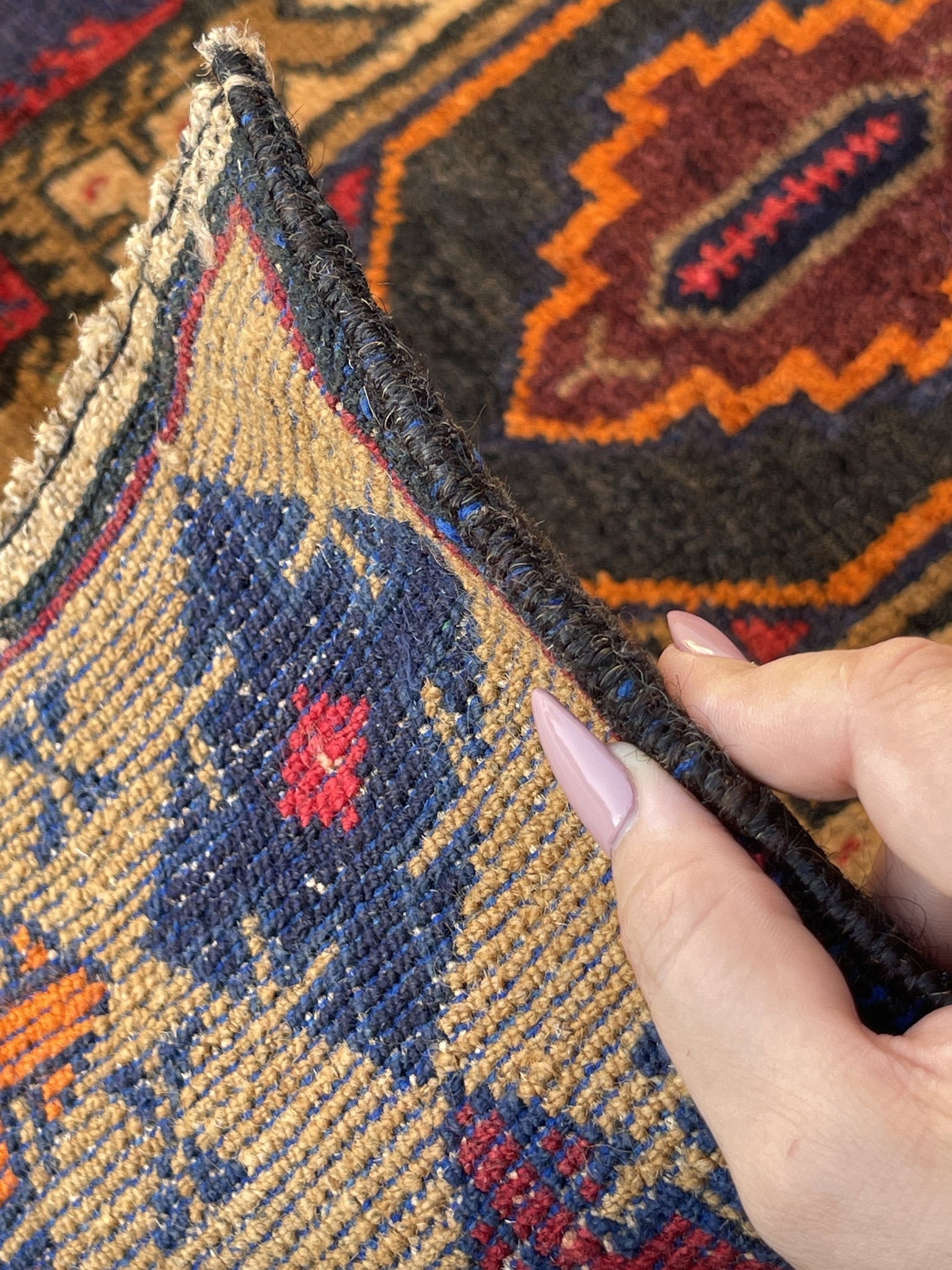3x5 (90x150) Handmade Vintage Afghan Rug | Gold Navy Blue Red | Nomadic Baluch Boho Bohemian Tribal Turkish Moroccan Wool