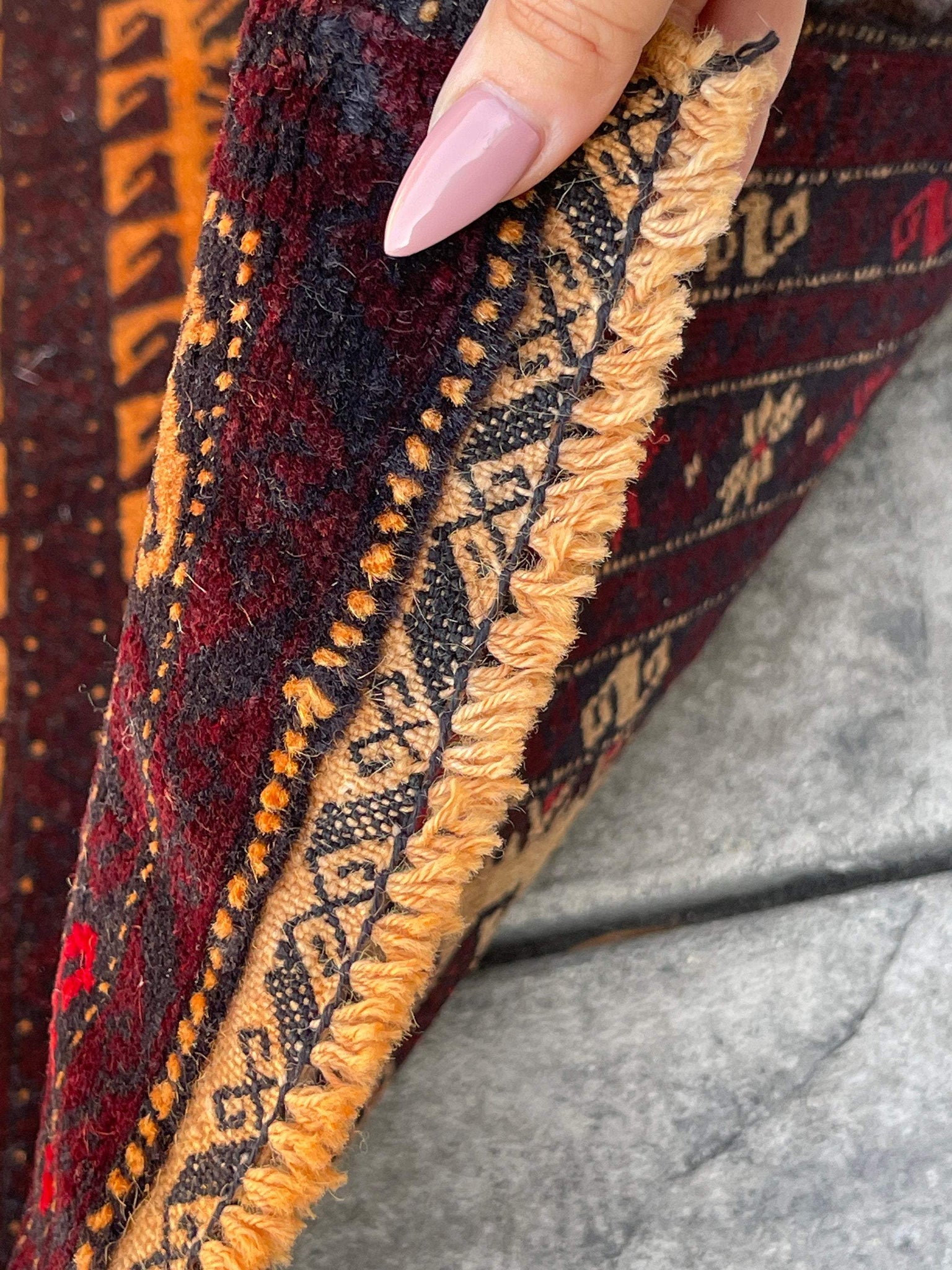 3x5 (90x150) Handmade Vintage Afghan Rug | Maroon Gold Red | Nomadic Baluch Boho Bohemian Tribal Turkish Moroccan Wool
