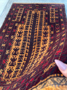 3x5 (90x150) Handmade Vintage Afghan Rug | Maroon Gold Red | Nomadic Baluch Boho Bohemian Tribal Turkish Moroccan Wool