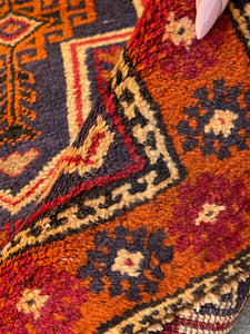 3x5 (90x150) Handmade Vintage Afghan Rug | Burnt Orange Navy Blue Gold | Nomadic Baluch Boho Bohemian Tribal Turkish Moroccan Wool