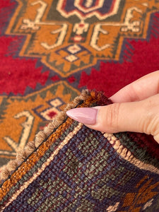 3x5 (90x150) Handmade Vintage Afghan Rug | Red Orange Beige Green Purple | Nomadic Baluch Boho Bohemian Tribal Turkish Moroccan Wool