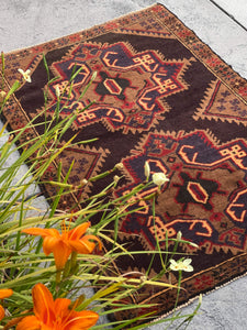 3x5 (90x150) Handmade Vintage Afghan Rug | Tan Coffee Brown Red Orange Indigo | Nomadic Baluch Boho Bohemian Tribal Turkish Moroccan Wool