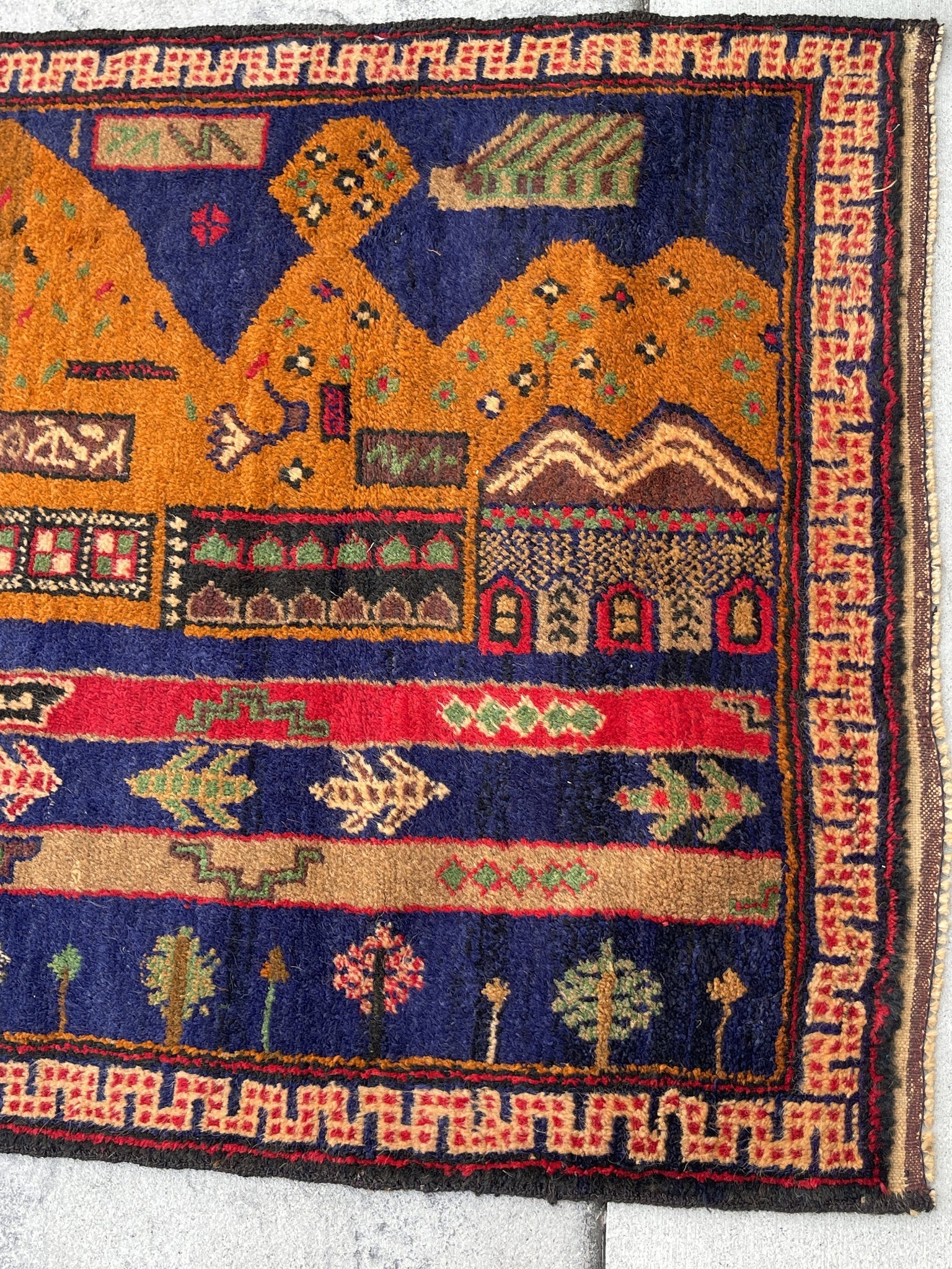 3x5 (90x150) Handmade Vintage Afghan Rug | Navy Blue Orange Red Green | Nomadic Baluch Boho Bohemian Tribal Turkish Moroccan Wool