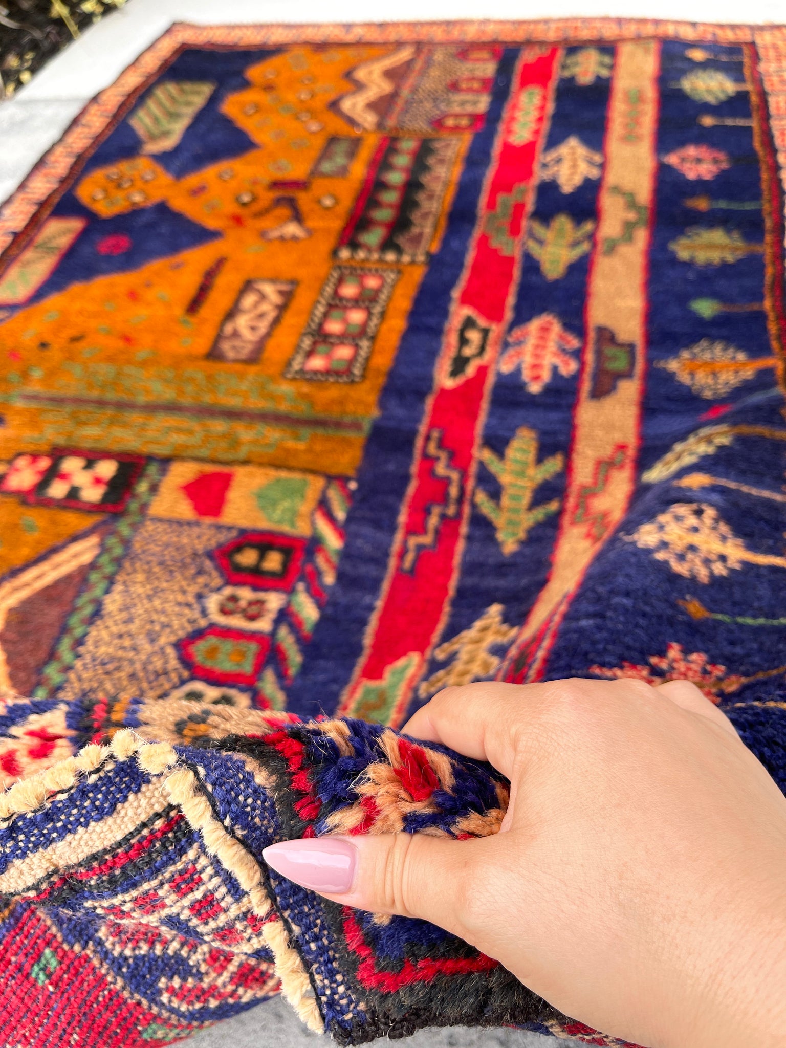 3x5 (90x150) Handmade Vintage Afghan Rug | Navy Blue Orange Red Green | Nomadic Baluch Boho Bohemian Tribal Turkish Moroccan Wool
