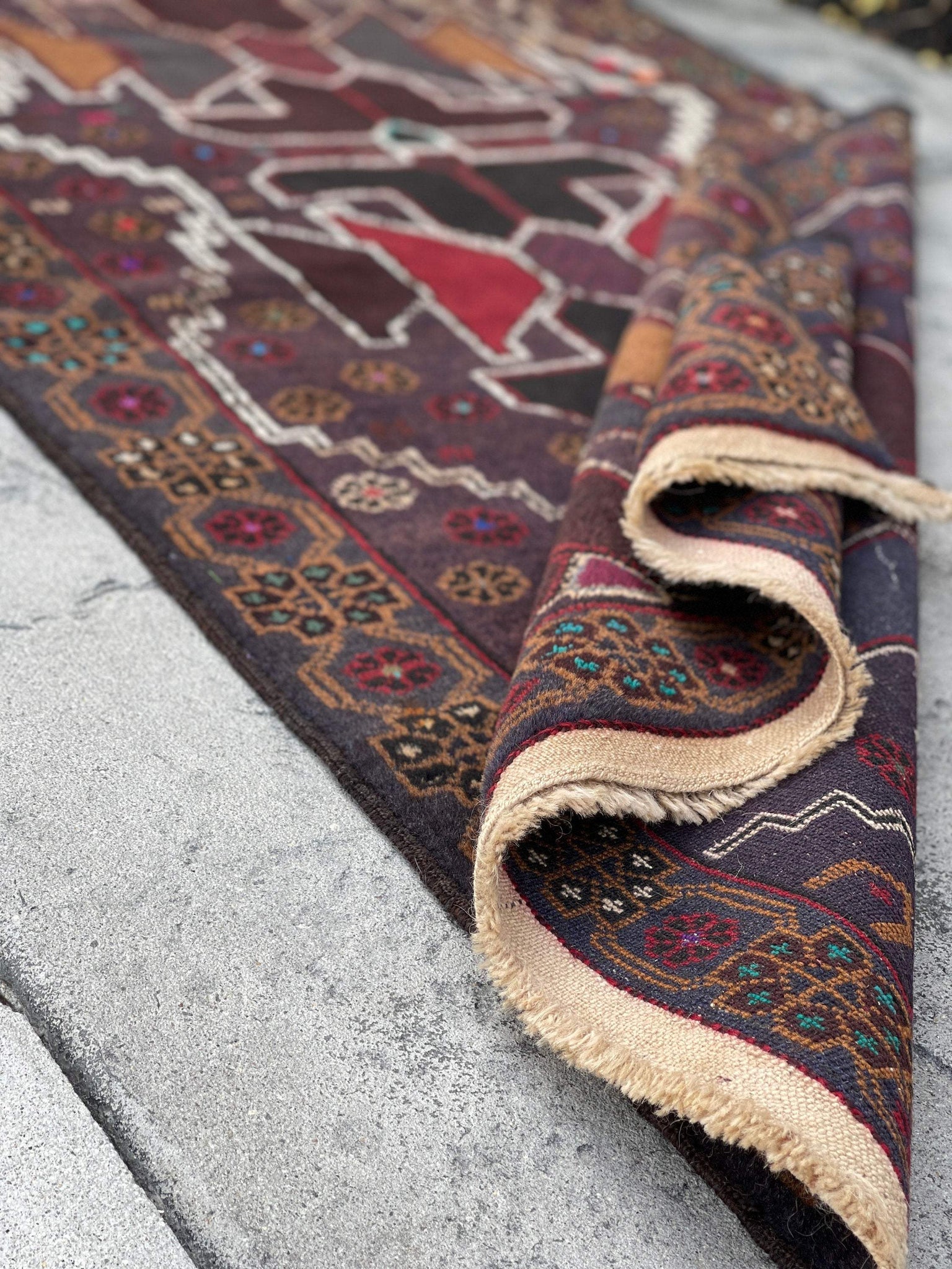 3x5 (90x150) Handmade Vintage Afghan Rug | Purple Mauve Red Black Gold White | Nomadic Baluch Boho Bohemian Tribal Turkish Moroccan Wool