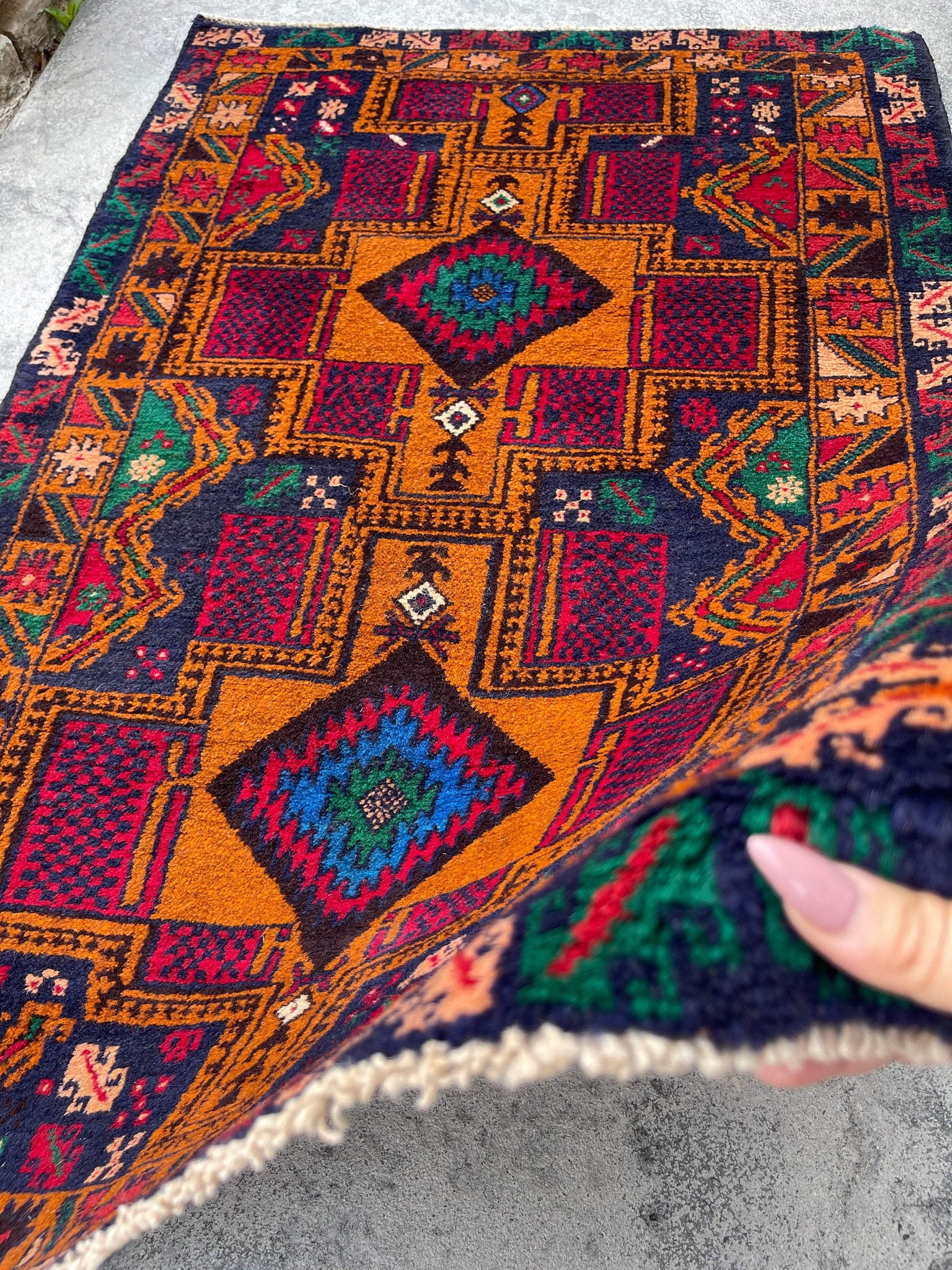 3x4 (90x120) Handmade Vintage Afghan Rug | Orange Black Red Blue Green Cream | Nomadic Baluch Boho Bohemian Tribal Turkish Moroccan Wool