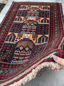 3x5 (90x150) Handmade Vintage Afghan Pictorial Rug | Nomadic Baluch | Red Black Beige Blue Green Orange Colorful | Tribal Rug | Boho Rug