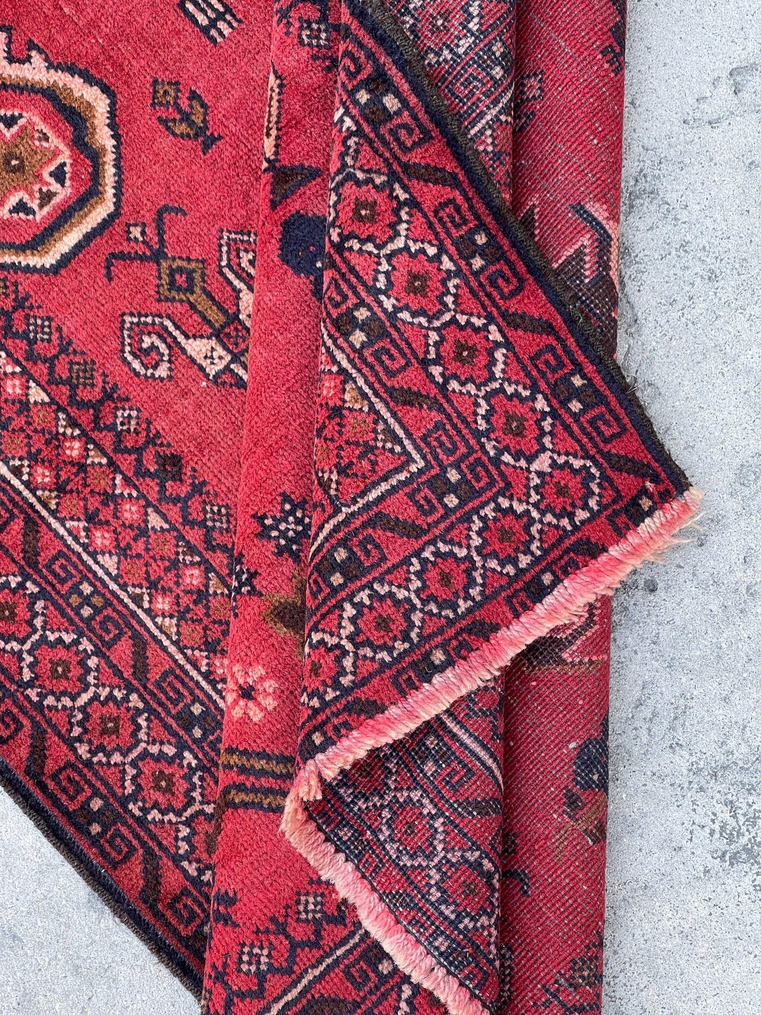3x5 (90x150) Handmade Vintage Afghan Rug | Red Pink Salmon Brown Indigo | Nomadic Baluch Boho Bohemian Tribal Turkish Moroccan Wool