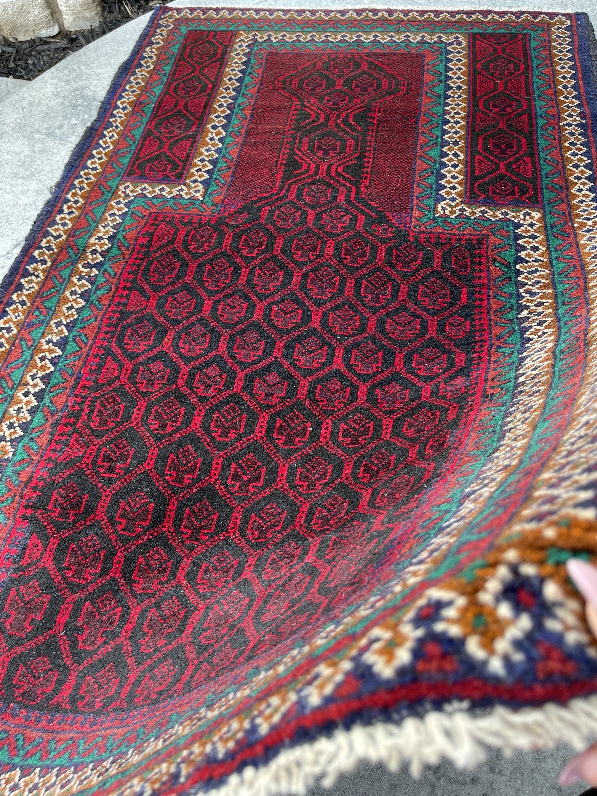 3x5 (90x150) Handmade Vintage Afghan Rug | Indigo Red Brown White Turquoise | Nomadic Baluch Boho Bohemian Tribal Turkish Moroccan Wool