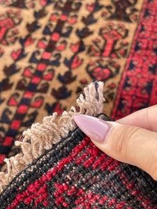3x5 (90x150) Handmade Vintage Afghan Rug | Nomadic Baluch | Red Gold Brown Indigo | Boho Bohemian Tribal Turkish Moroccan Wool