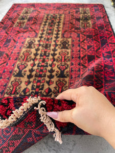 3x5 (90x150) Handmade Vintage Afghan Rug | Nomadic Baluch | Red Gold Brown Indigo | Boho Bohemian Tribal Turkish Moroccan Wool