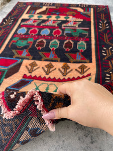 3x5 (90x150) Handmade Vintage Afghan War Rug | Nomadic Baluch | Beige Red Green Blue Brown | Boho Bohemian Tribal Turkish Moroccan Wool