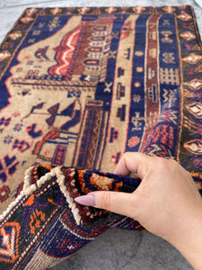 3x5 (90x150) Handmade Vintage Afghan Pictorial Rug | Nomadic Baluch | Navy Blue Black Orange Khaki | Bohemian Tribal Turkish Moroccan Wool