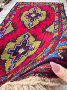 3x6 (90x180) Handmade Vintage Afghan War Rug | Nomadic Baluch | Moss Green Red Sky Blue Orange | Boho Bohemian Tribal Turkish Moroccan Wool