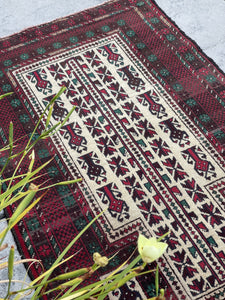 3x5 (90x150) Handmade Vintage Afghan Rug | Mahogany Red Beige Green | Nomadic Baluch Boho Bohemian Tribal Turkish Moroccan Wool