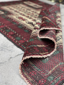 3x5 (90x150) Handmade Vintage Afghan Rug | Mahogany Red Beige Green | Nomadic Baluch Boho Bohemian Tribal Turkish Moroccan Wool