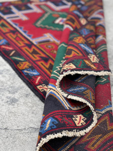 3x5 (90x150) Handmade Vintage Afghan War Rug | Nomadic Baluch | Red Pine Green Sky Blue Beige | Boho Bohemian Tribal Turkish Moroccan Wool