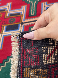 3x5 (90x150) Handmade Vintage Afghan War Rug | Nomadic Baluch | Red Pine Green Sky Blue Beige | Boho Bohemian Tribal Turkish Moroccan Wool