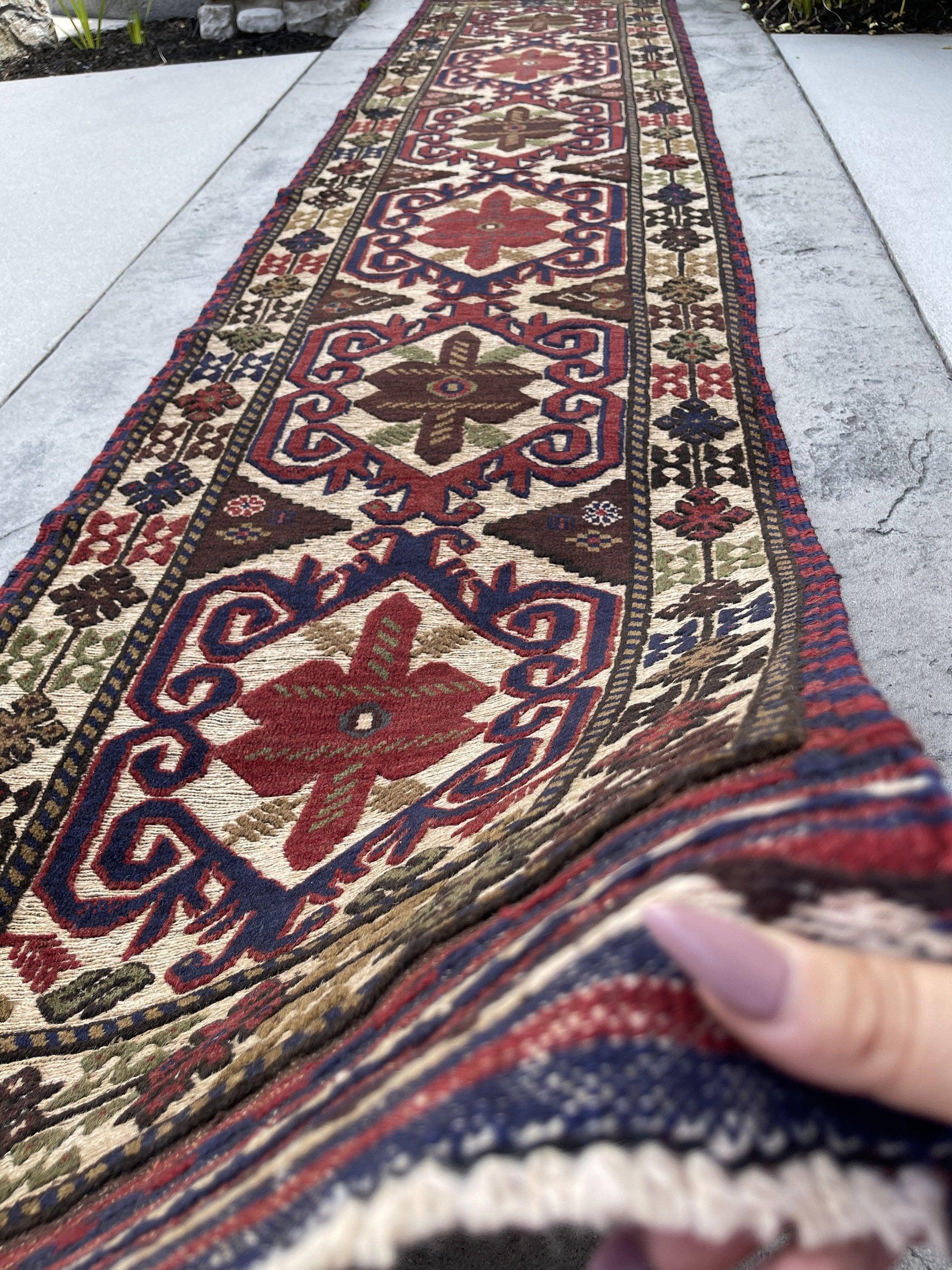 3x13 (90x395) Handmade Afghan Rug Runner | Red Beige Navy Blue Sage Green  | Flatweave Flat Weave Tribal Oriental Boho Wool Hand Knotted