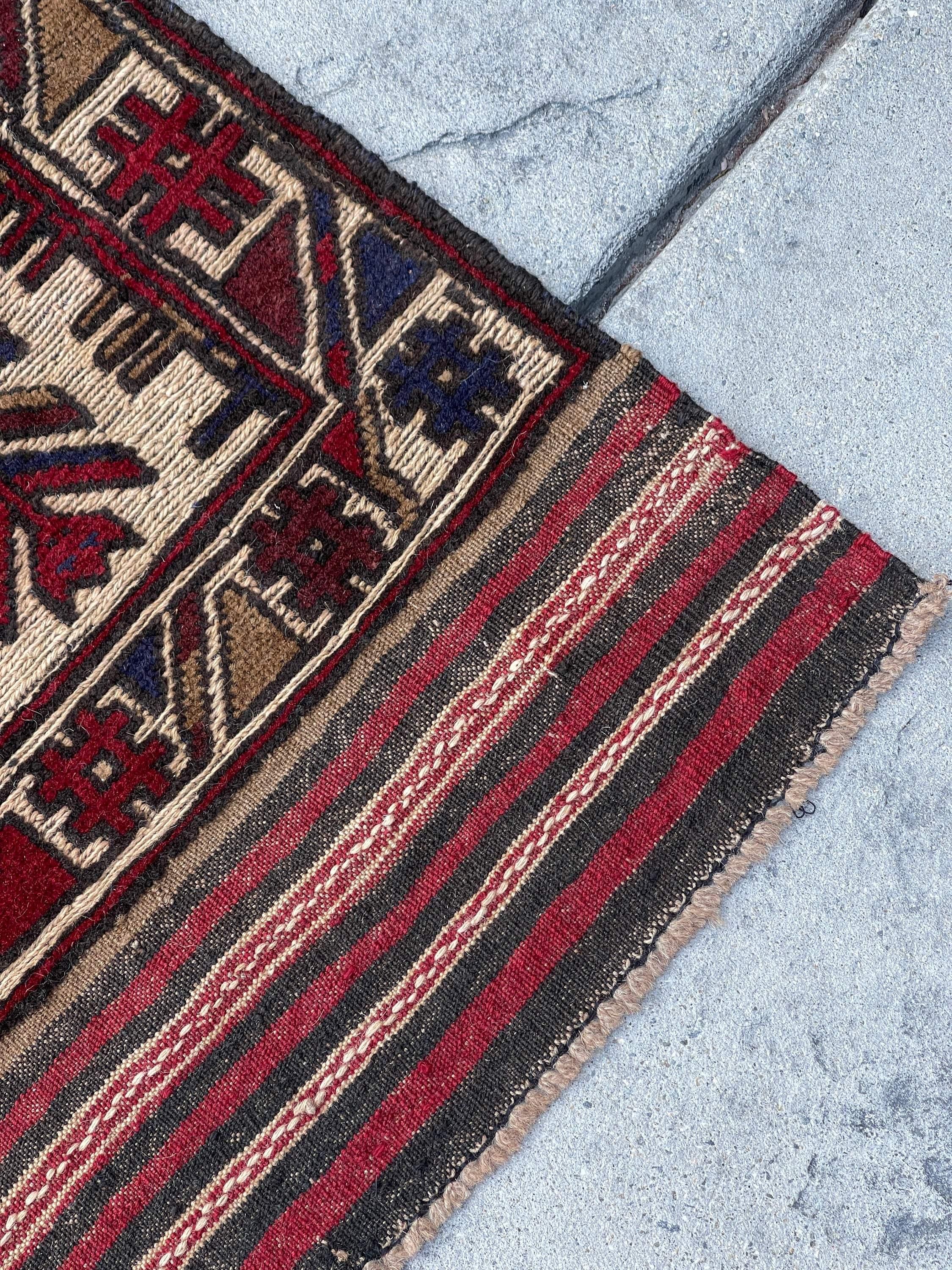 3x13 (90x395) Handmade Afghan Rug Runner | Maroon Red Navy Blue Beige Taupe | Flatweave Flat Weave Tribal Oriental Boho Wool Hand Knotted