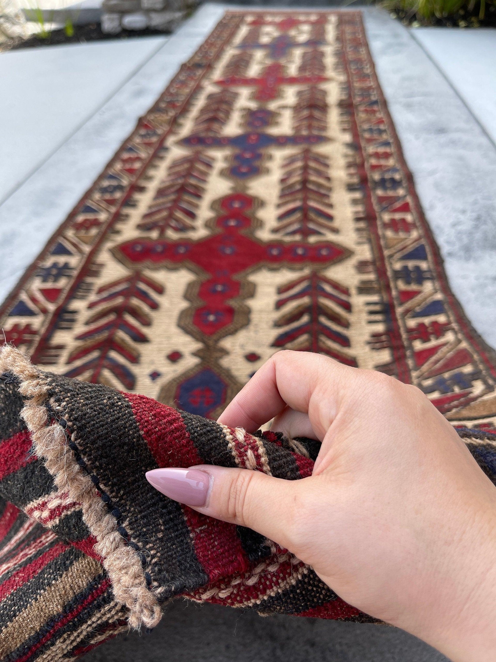 3x13 (90x395) Handmade Afghan Rug Runner | Maroon Red Navy Blue Beige Taupe | Flatweave Flat Weave Tribal Oriental Boho Wool Hand Knotted