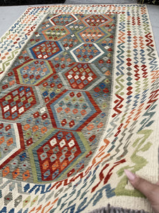 6x10 (180x305) Handmade Afghan Kilim Flatweave Rug | Ivory Cream Green Colorful | Boho Tribal Moroccan Outdoor Wool Knotted Flatweave