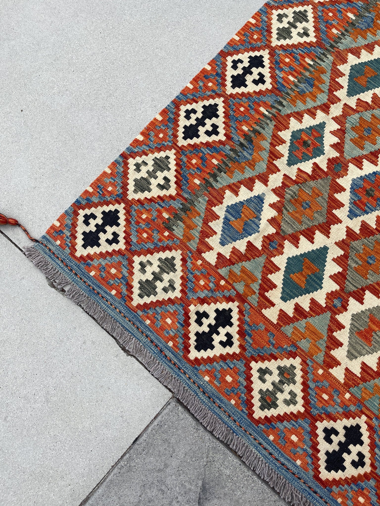 7x10 (215x305) Handmade Afghan Kilim Flatweave Rug | Blue Orange Green Ivory| Boho Tribal Moroccan Outdoor Wool Knotted Woven
