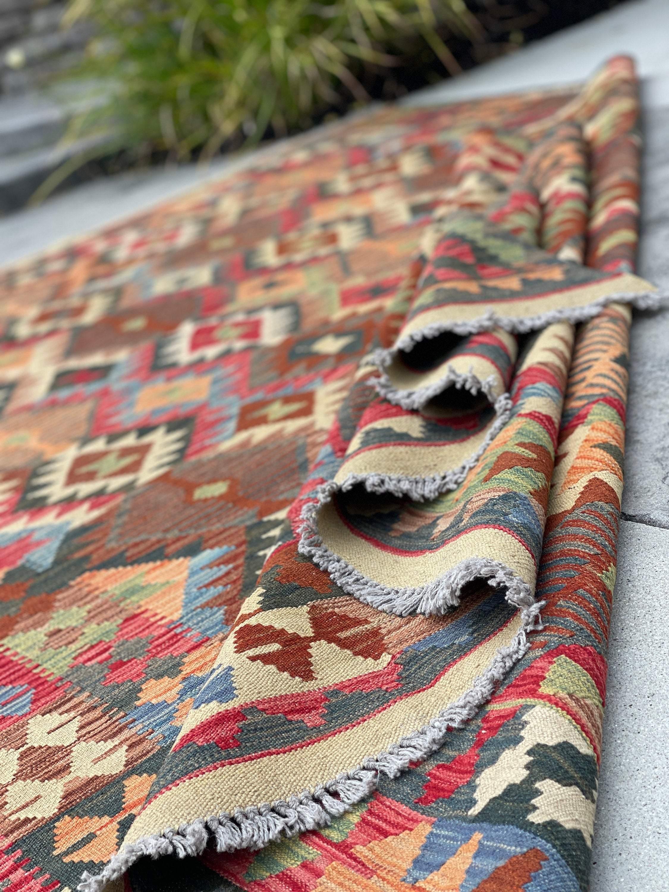 7x10 (215x305) Handmade Afghan Kilim Flatweave Rug | Orange Brown Red Ivory| Boho Tribal Moroccan Outdoor Wool Knotted Woven