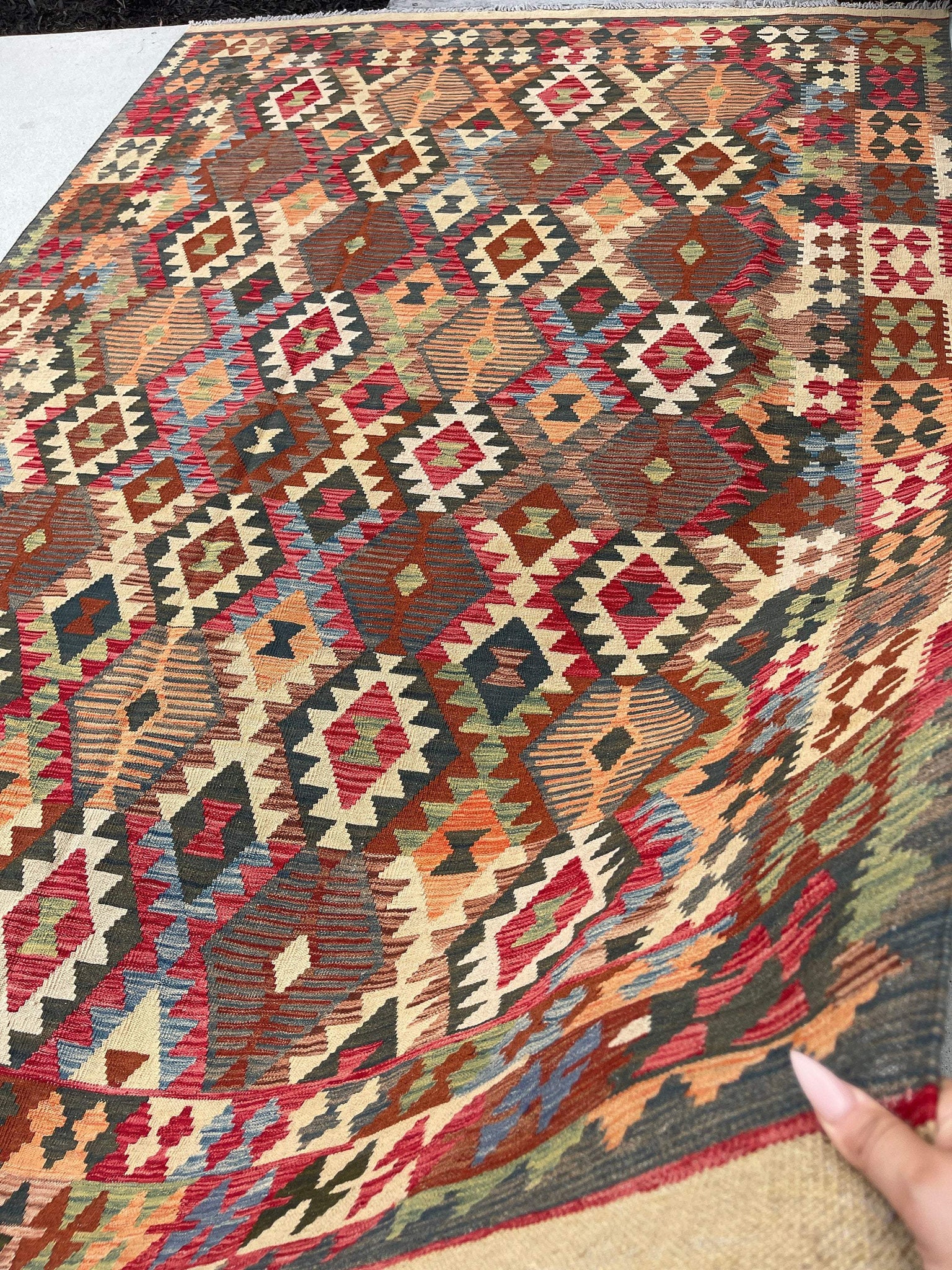 7x10 (215x305) Handmade Afghan Kilim Flatweave Rug | Orange Brown Red Ivory| Boho Tribal Moroccan Outdoor Wool Knotted Woven