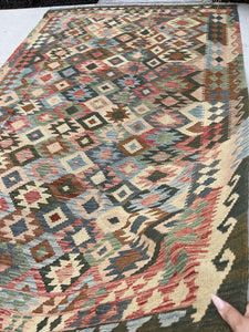 7x10 (215x305) Handmade Afghan Kilim Flatweave Rug | Salmon Pink Beige Green Brown Red Ivory | Boho Tribal Moroccan Outdoor Wool Turkish