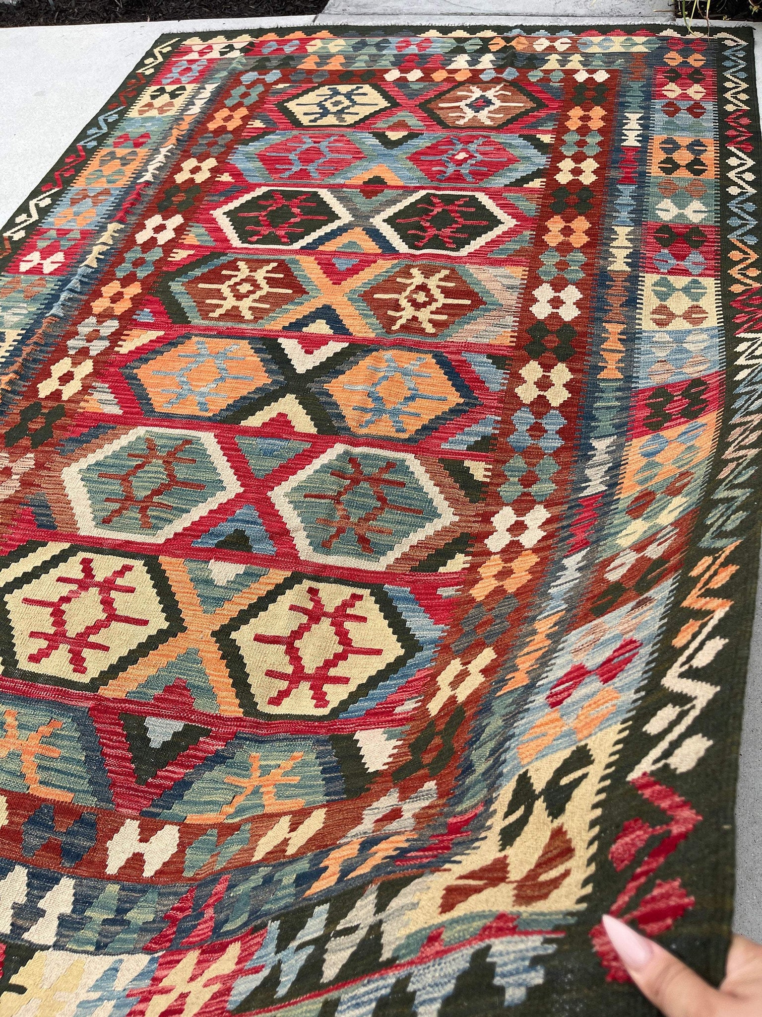 7x10 (215x305) Handmade Afghan Kilim Flatweave Rug | Orange Brown Red Green | Boho Tribal Moroccan Outdoor Wool Knotted Woven Turkish Oushak
