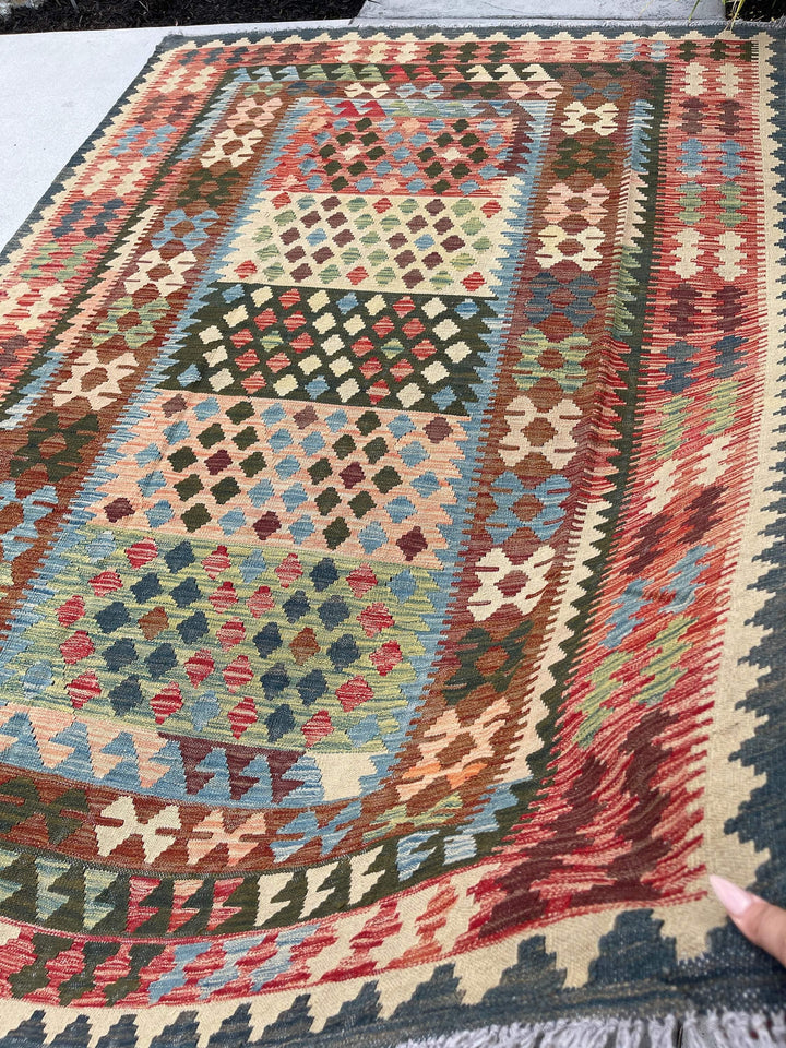 7x10 (215x305) Handmade Afghan Kilim Flatweave Rug | Brown Red Green| Boho Tribal Moroccan Outdoor Wool Knotted Woven Turkish Oushak Jute