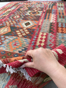 7x10 (215x305) Handmade Afghan Kilim Flatweave Rug | Brown Red Orange Green | Boho Tribal Moroccan Outdoor Wool Knotted Woven Turkish