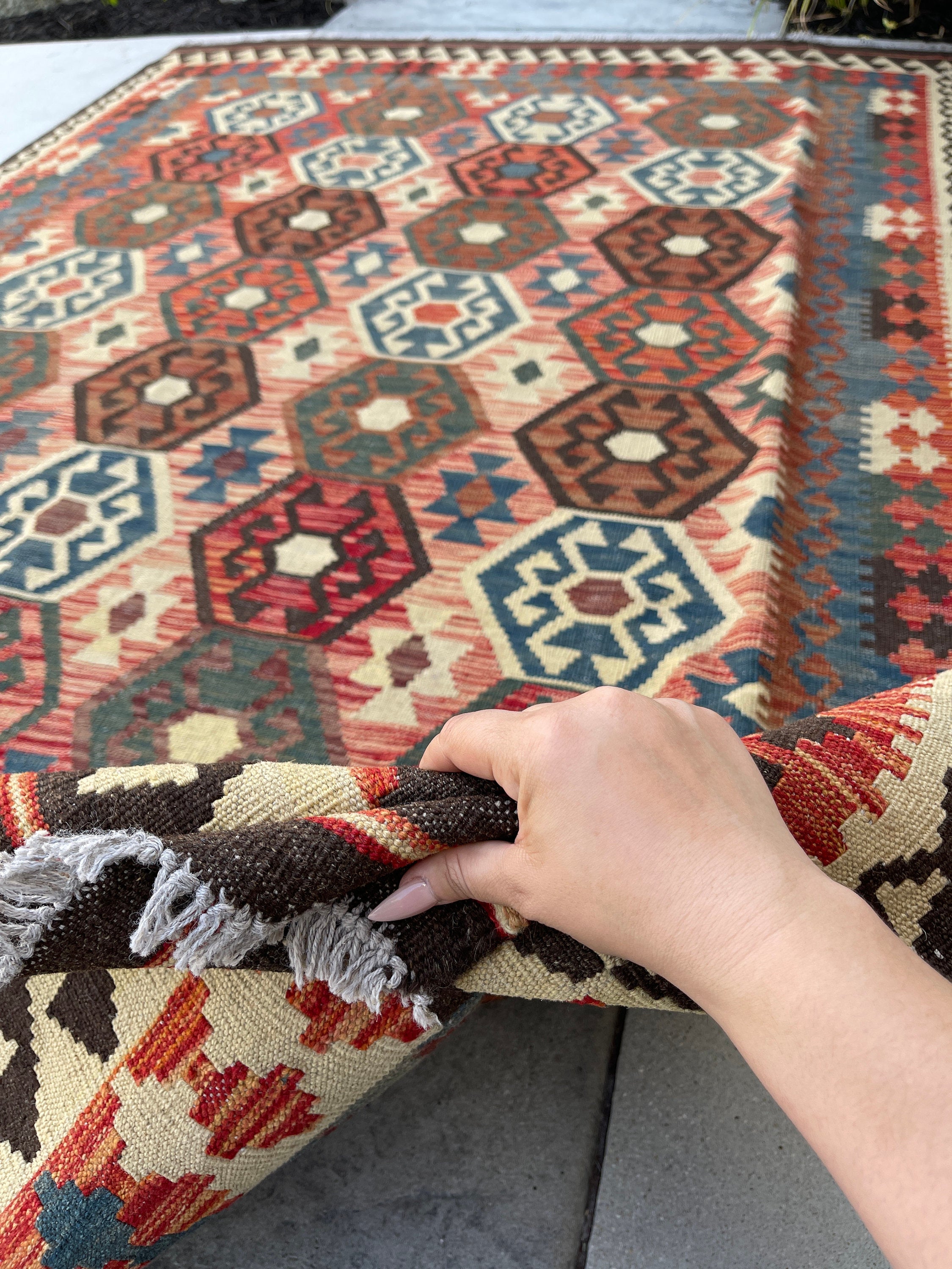 7x10 (215x305) Handmade Afghan Kilim Flatweave Rug | Red Blue Brown | Boho Tribal Moroccan Outdoor Wool Knotted Woven Jute Turkish