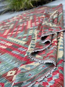 7x10 (215x305) Handmade Afghan Kilim Flatweave Rug | Salmon Pink Ivory Brown Red Green Sage | Boho Tribal Moroccan Outdoor Wool Knotted