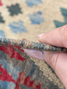7x10 (215x305) Handmade Afghan Kilim Flatweave Rug | Salmon Pink Ivory Brown Red Green Sage | Boho Tribal Moroccan Outdoor Wool Knotted