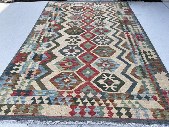 7x10 (215x305) Handmade Afghan Kilim Flatweave Rug | Teal Blue Red Ivory Brown | Boho Tribal Moroccan Outdoor Wool Knotted Woven