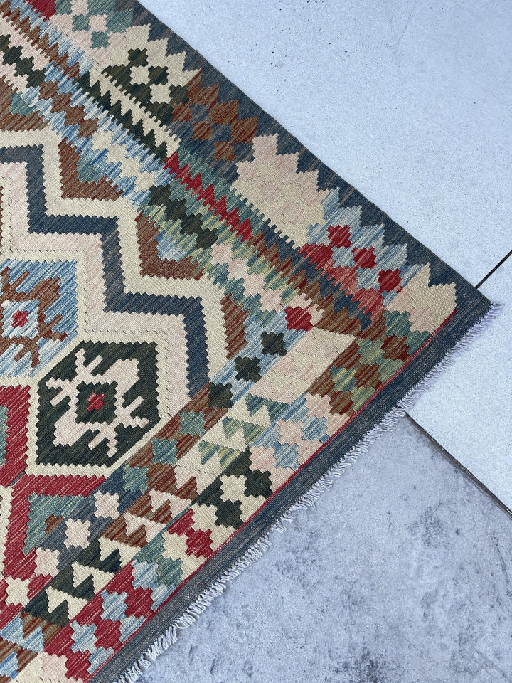 7x10 (215x305) Handmade Afghan Kilim Flatweave Rug | Teal Blue Red Ivory Brown | Boho Tribal Moroccan Outdoor Wool Knotted Woven